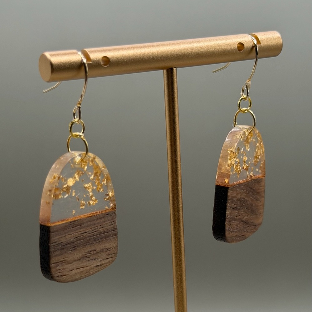 Handmade Wood & Resin Arch Dangle Earrings – Gold Leaf Boho Statement